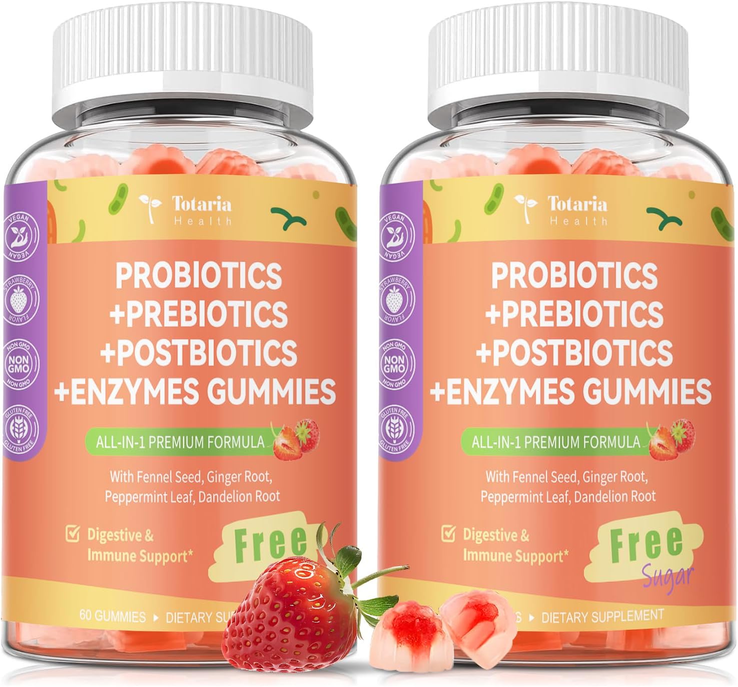 (2 Packs) Totaria Sugar Free 5-in-1 Probiotic Prebiotic Postbiotic Gummy, Probiotics for Women Men with