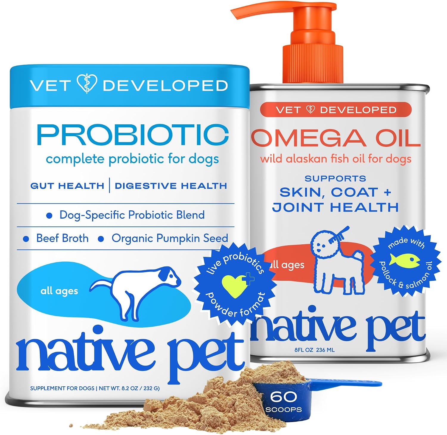 Native Pet Omega 3 Fish Oil for Dogs 8Oz & Probiotics for Dogs 8.2Oz Powder Food Topper –