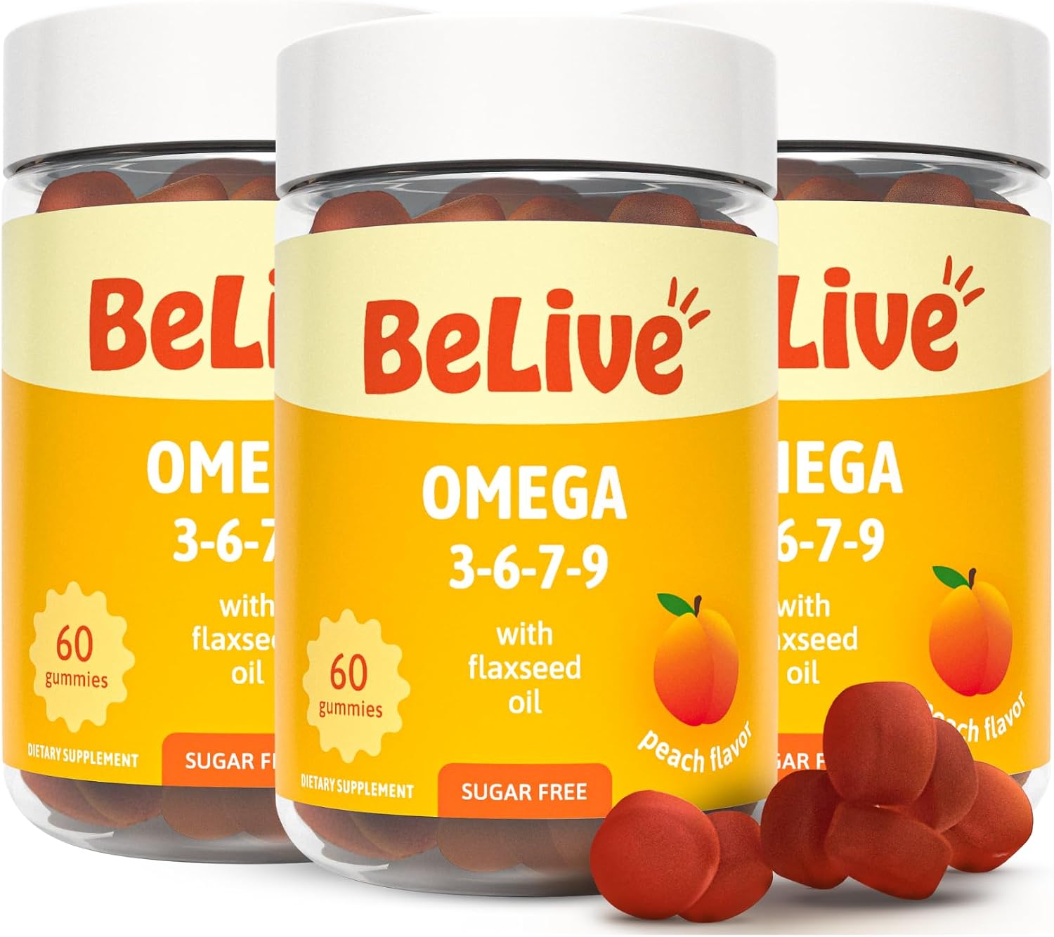 BeLive Omega 3 6 7 & 9 Gummies for Healthy Heart and Brain, Zero Sugar