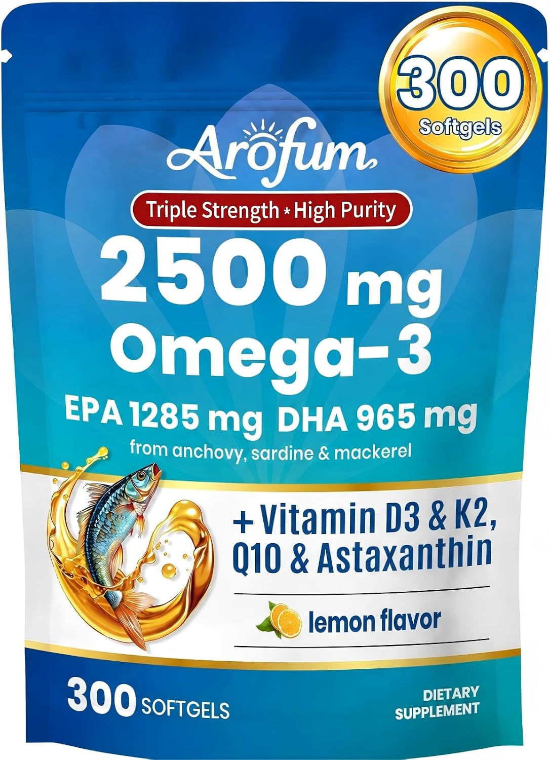 Omega-3 Fish Oil Supplement with Vitamin D3 K2, 300 Softgels, Lemon Flavor