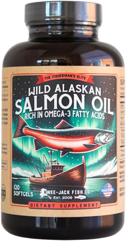 Wild Alaskan Salmon Fish Oil Omega 3 Supplement for Humans | EPA and DHA | Kwee-Jack Fish Co. | 120 Softgels