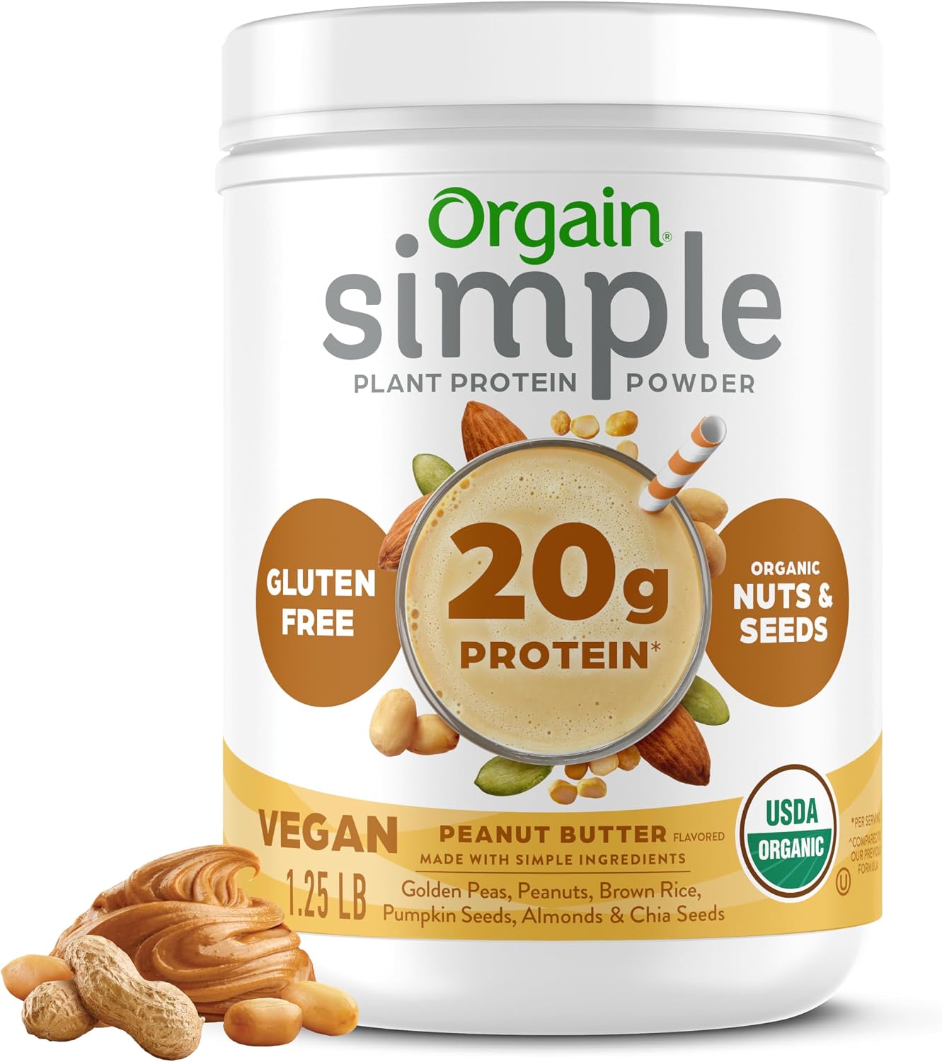 Orgain Organic Simple 20g Vegan Protein Powder, Peanut Butter, 1.25lb