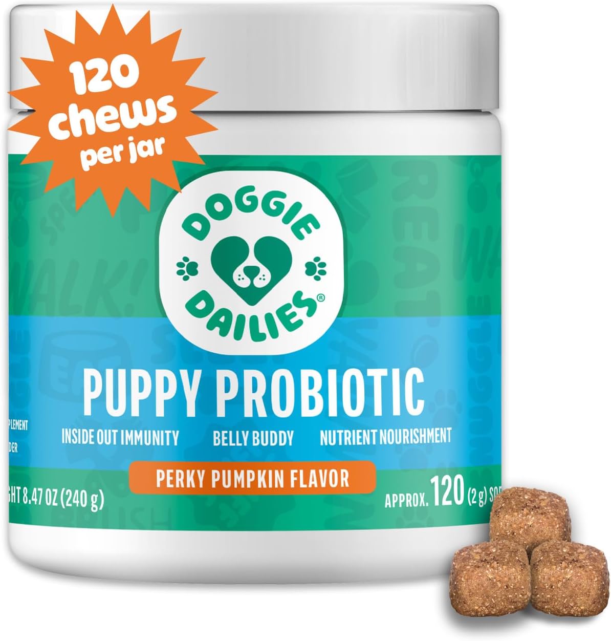 Doggie Dailies Puppy Probiotic Soft Chews, Digestive, Pumpkin, 120 Count