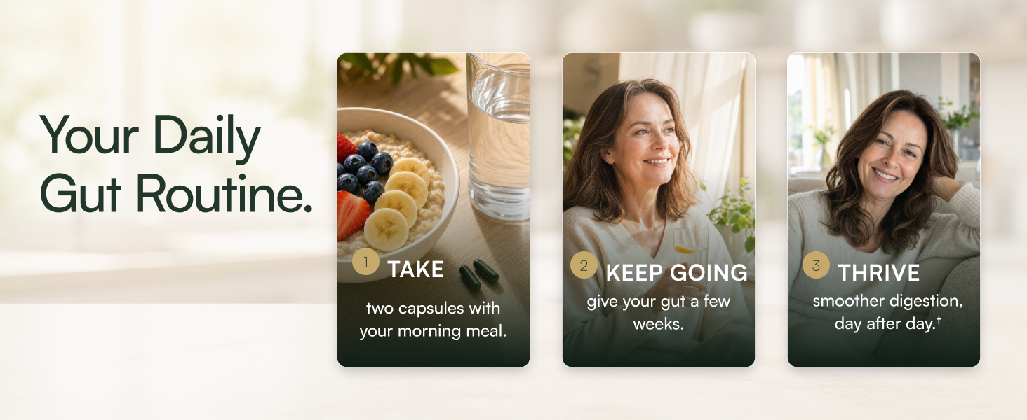 GLPLUS+ daily gut routine: take two capsules with food, keep going and thrive