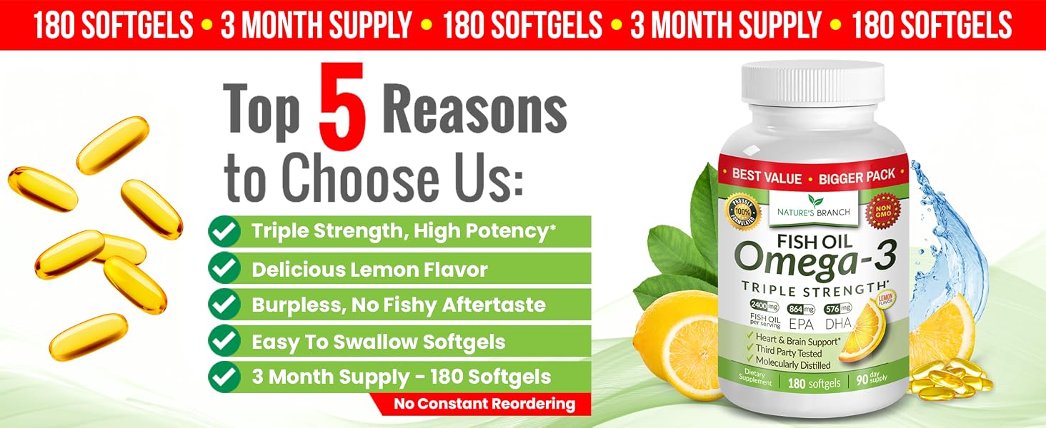 Triple Strength Omega 3 Fish Oil burpless softgels 180 supplement lemon flavor burp less men women