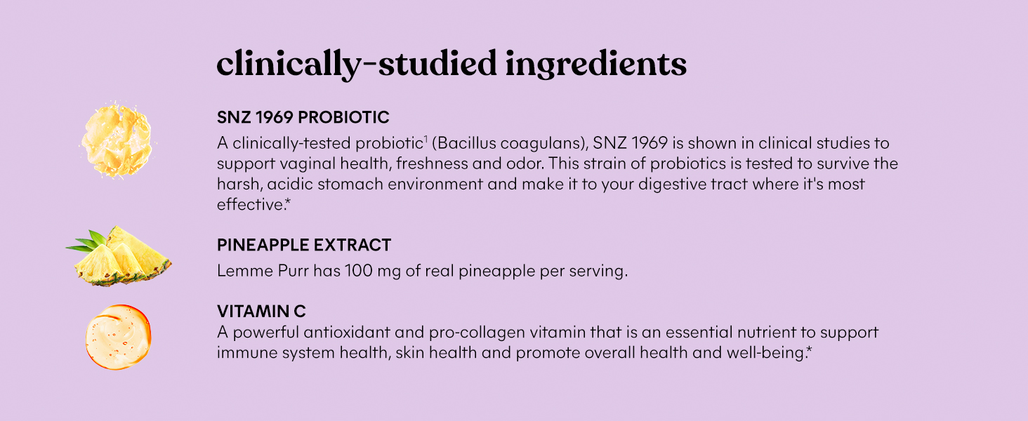 clinically-studied ingredients, SNZ 1969 probiotic, pineapple, vitamin C