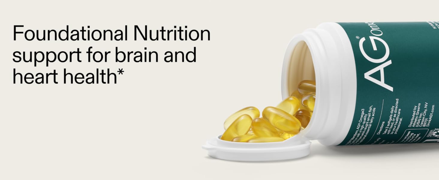 omega bottle with pills out, foundational nutrition support for brain and hearth health