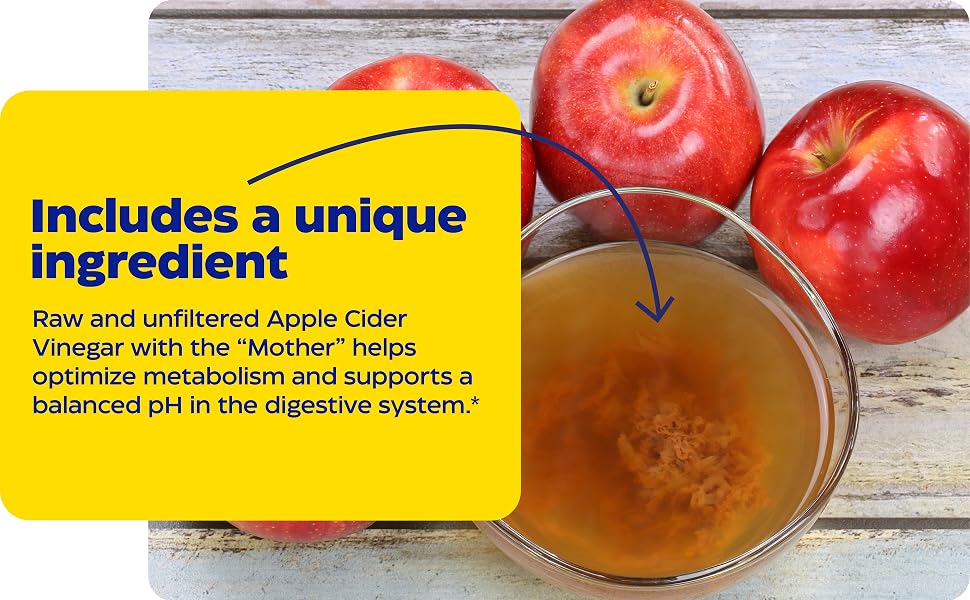Raw and unfiltered Apple Cider Vinegar with the “Mother” helps optimize metabolism*