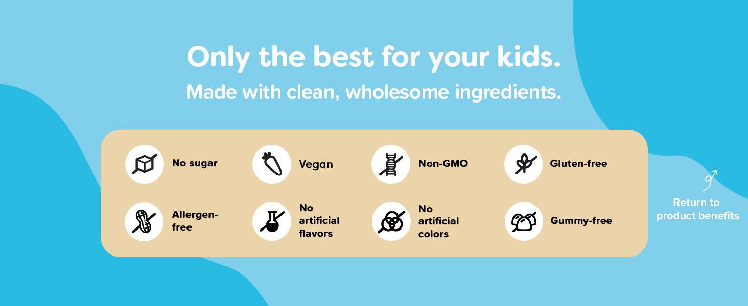Non-GMO, vegan, sugar-free vitamins for kids. The wholesome alternative to gummy vitamins.