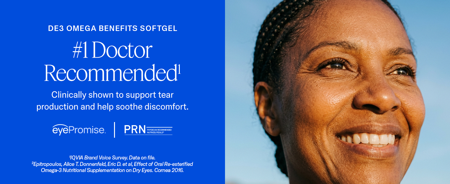 De3 Omega Benefits softgel, doctor favored, shown to support tear production and soothe discomfort.