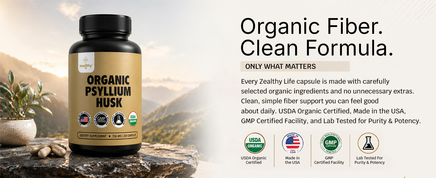 Zealthy Life Organic Psyllium Husk bottle with clean formula and USDA Organic certification text.