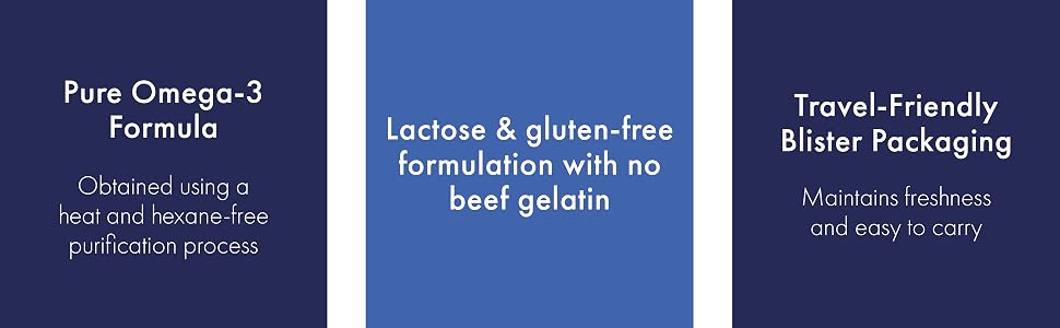 Pure Omega-3 Formula, Lactose & gluten-free with no beef gelatin, Travel-Friendly Blister Packaging.