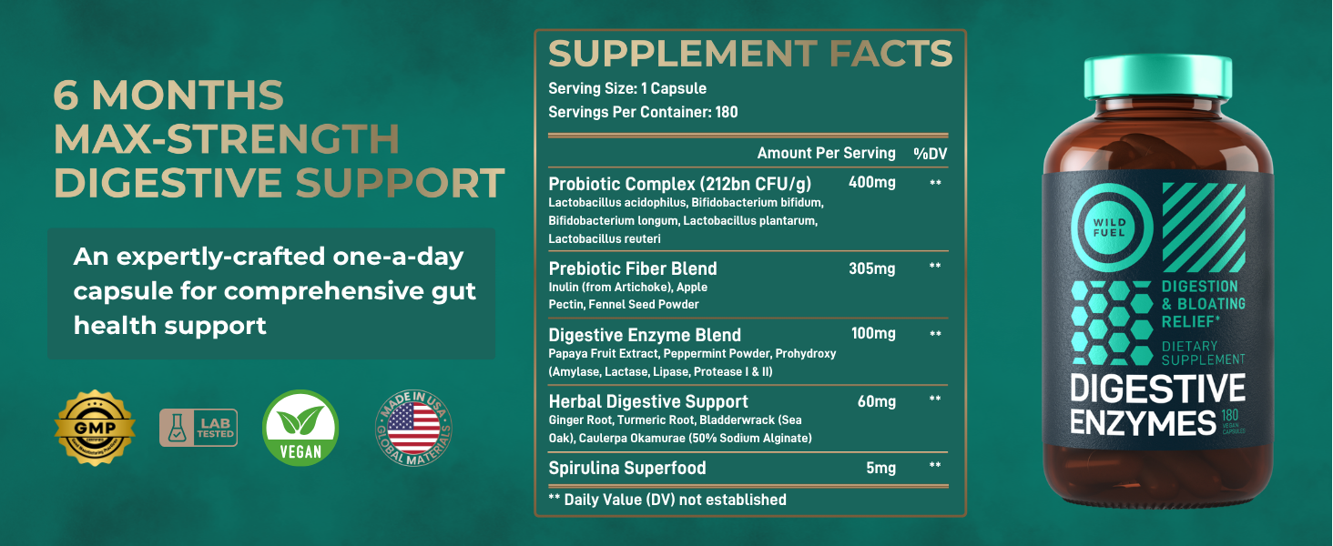 Wild Fuel Digestive Enzymes with Probiotics Prebiotics for Gut Health, Bloating &amp;amp; Digestion 180 Caps