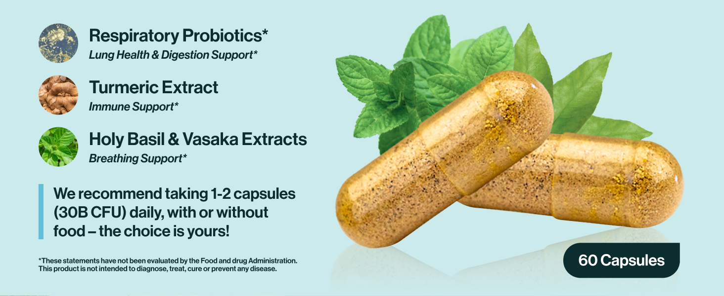 res B Lung Support Probiotic all-natural formula with turmeric, holy basil, and vasaka.