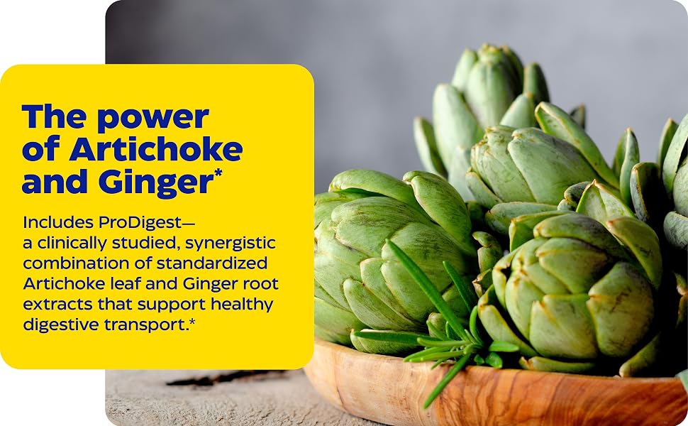 The power of Artichoke and Ginger* Includes ProDigest with Artichoke leaf &amp; Ginger root extracts 