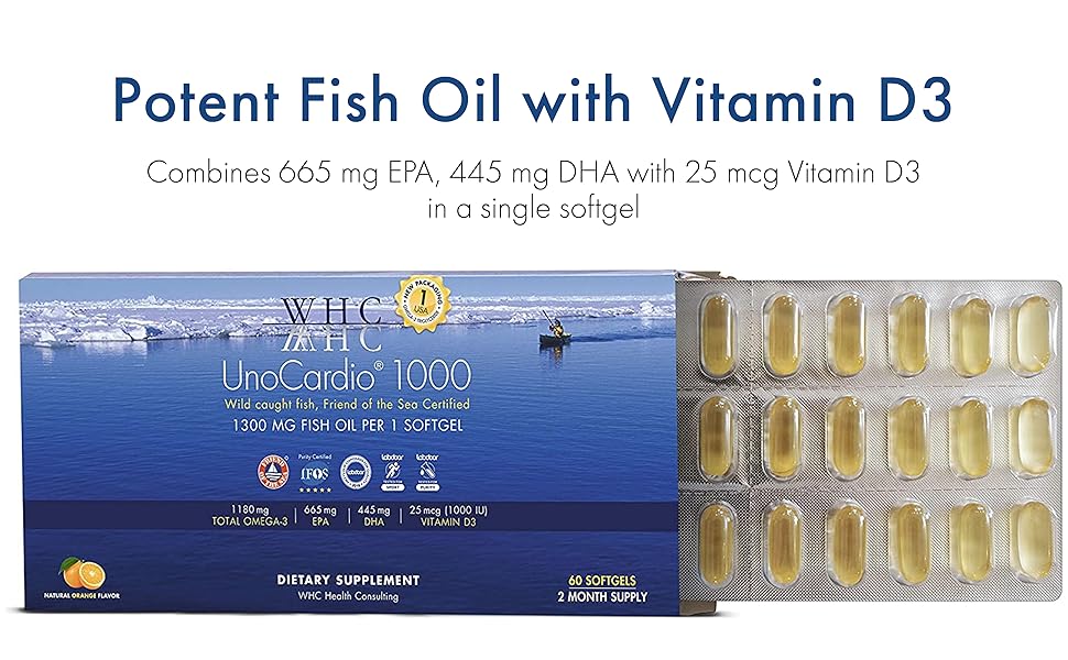 Potent Fish Oil with Vitamin D3. Combines 665 mg EPA, 445 mg DHA with 25 mcg Vitamin D3 in a softgel
