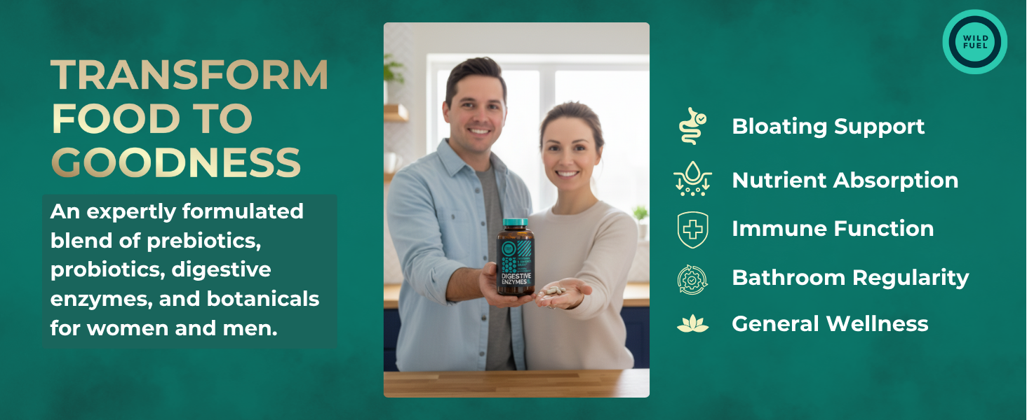 Wild Fuel Digestive Enzymes with Probiotics Prebiotics for Gut Health, Bloating &amp;amp; Digestion 180 Caps