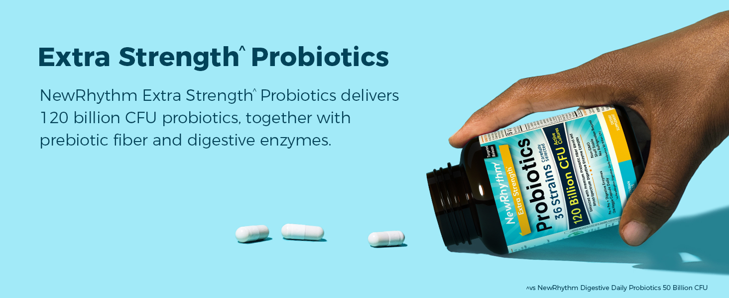 NewRhythm Probiotic delivers 120 Billion CFU Probiotics, 150 mg Prebiotics Fiber, Digestive Enzymes