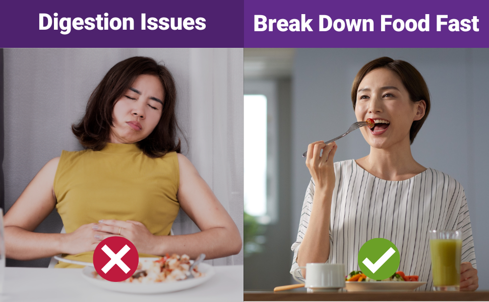 Before-and-after visual: Woman in pain from digestion versus woman smiling while eating comfortably