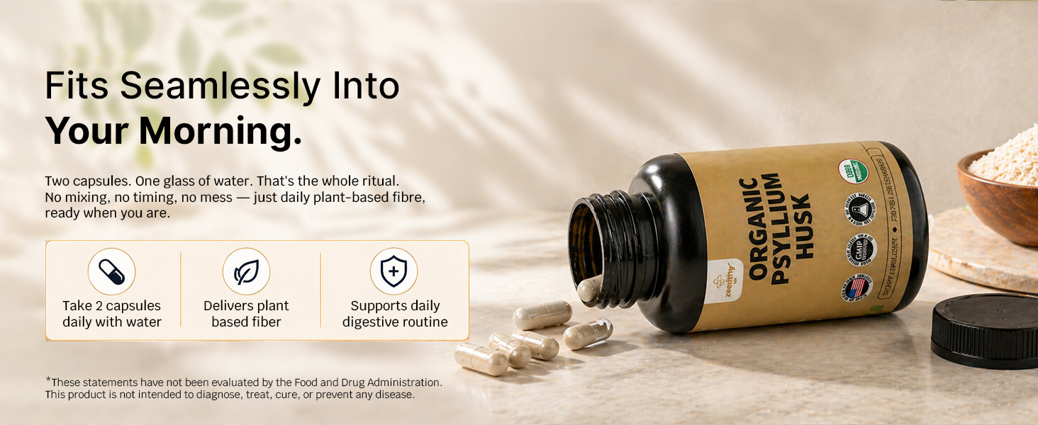 Zealthy Life Organic Psyllium Husk bottle with spilled capsules and daily fiber routine text.